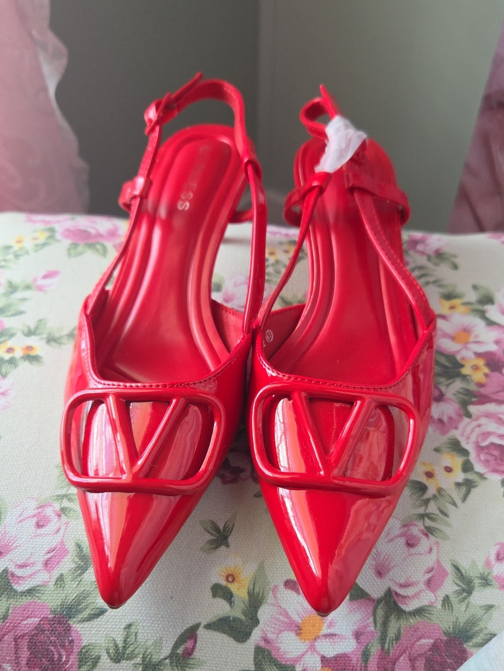 Red Patent Slingback Pointed-Toe Heels with Decorative Buckle - Picture 3 of 14